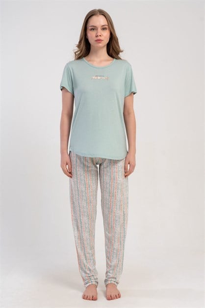Yuvarlak Yaka Kısa Kollu Pijama Takımı Açık Yeşil-512177