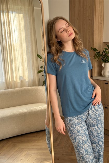 Yuvarlak Yaka Kısa Kollu Pijama Takımı Mavi-512275