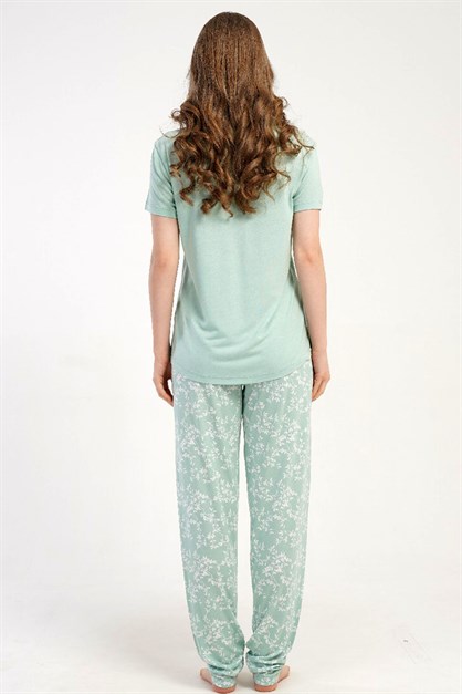 Yuvarlak Yaka Kısa Kollu Pijama Takımı Yeşil-512217