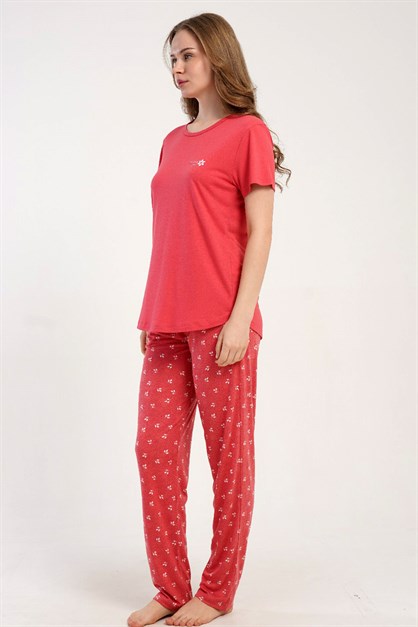 Yuvarlak Yaka Kısa Kollu Pijama Takımı Gül Kurusu-512213