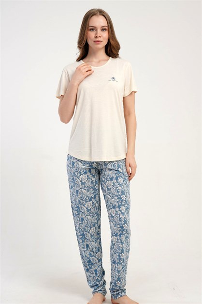 Yuvarlak Yaka Kısa Kollu Pijama Takımı Krem-512275