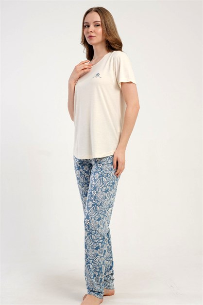 Yuvarlak Yaka Kısa Kollu Pijama Takımı Krem-512275