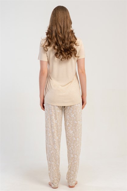 Yuvarlak Yaka Kısa Kollu Pijama Takımı Bej-512181
