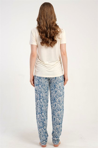 Yuvarlak Yaka Kısa Kollu Pijama Takımı Krem-512275