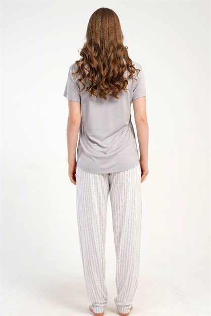 Yuvarlak Yaka Kısa Kollu Pijama Takımı Gri-512221