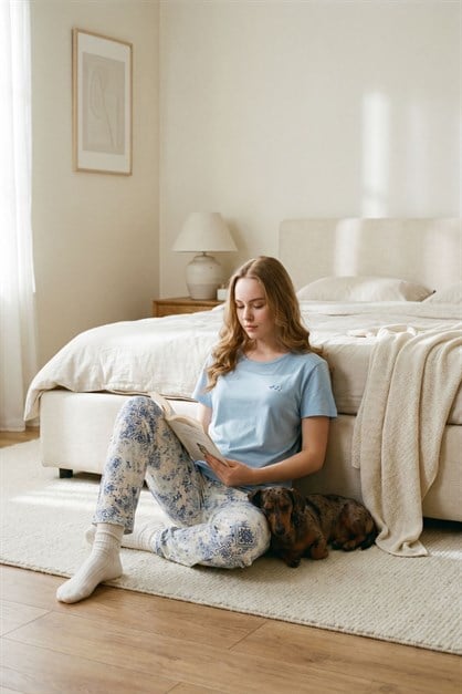 Yuvarlak Yaka Kısa Kollu Pijama Takımı Açık Mavi-512201