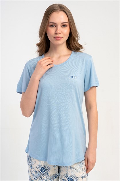 Yuvarlak Yaka Kısa Kollu Pijama Takımı Açık Mavi-512201