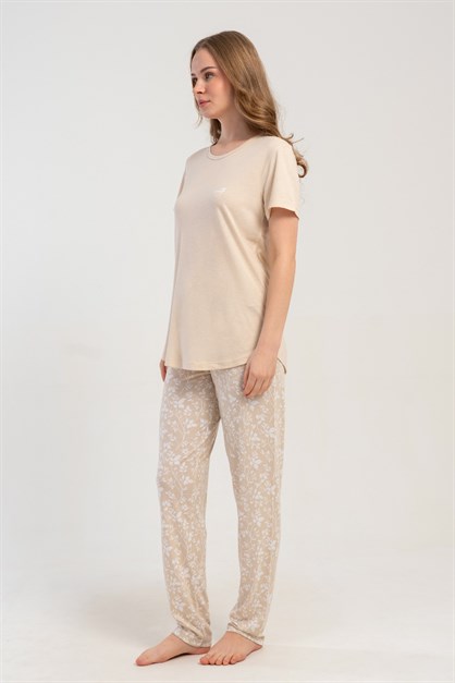 Yuvarlak Yaka Kısa Kollu Pijama Takımı Bej-512181