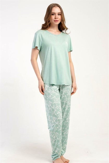 Yuvarlak Yaka Kısa Kollu Pijama Takımı Yeşil-512217
