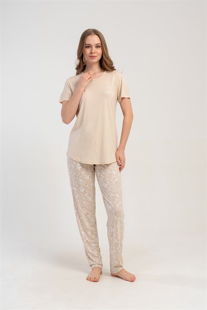 Yuvarlak Yaka Kısa Kollu Pijama Takımı Bej-512181