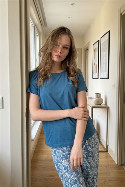 Yuvarlak Yaka Kısa Kollu Pijama Takımı Mavi-512275