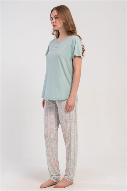 Yuvarlak Yaka Kısa Kollu Pijama Takımı Açık Yeşil-512177