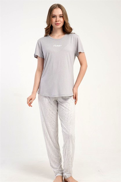 Yuvarlak Yaka Kısa Kollu Pijama Takımı Gri-512221