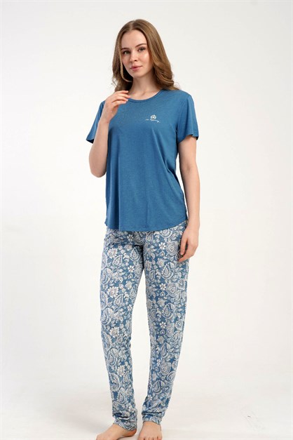 Yuvarlak Yaka Kısa Kollu Pijama Takımı Mavi-512275
