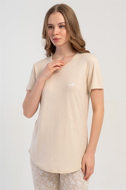 Yuvarlak Yaka Kısa Kollu Pijama Takımı Bej-512181