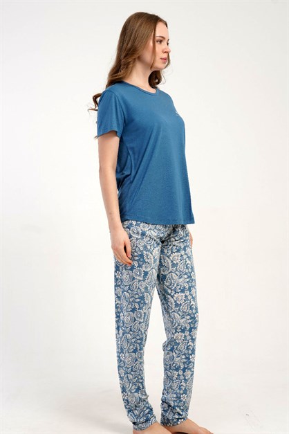 Yuvarlak Yaka Kısa Kollu Pijama Takımı Mavi-512275