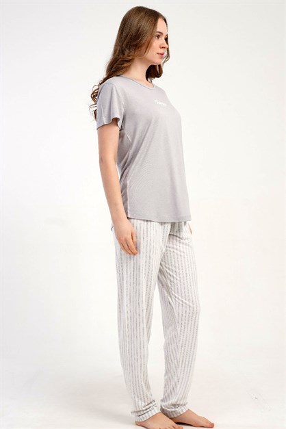 Yuvarlak Yaka Kısa Kollu Pijama Takımı Gri-512221