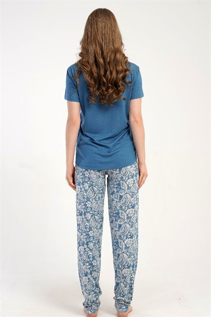 Yuvarlak Yaka Kısa Kollu Pijama Takımı Mavi-512275