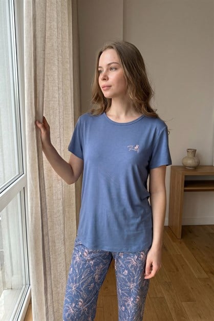 Yuvarlak Yaka Kısa Kollu Pijama Takımı Mor-512173