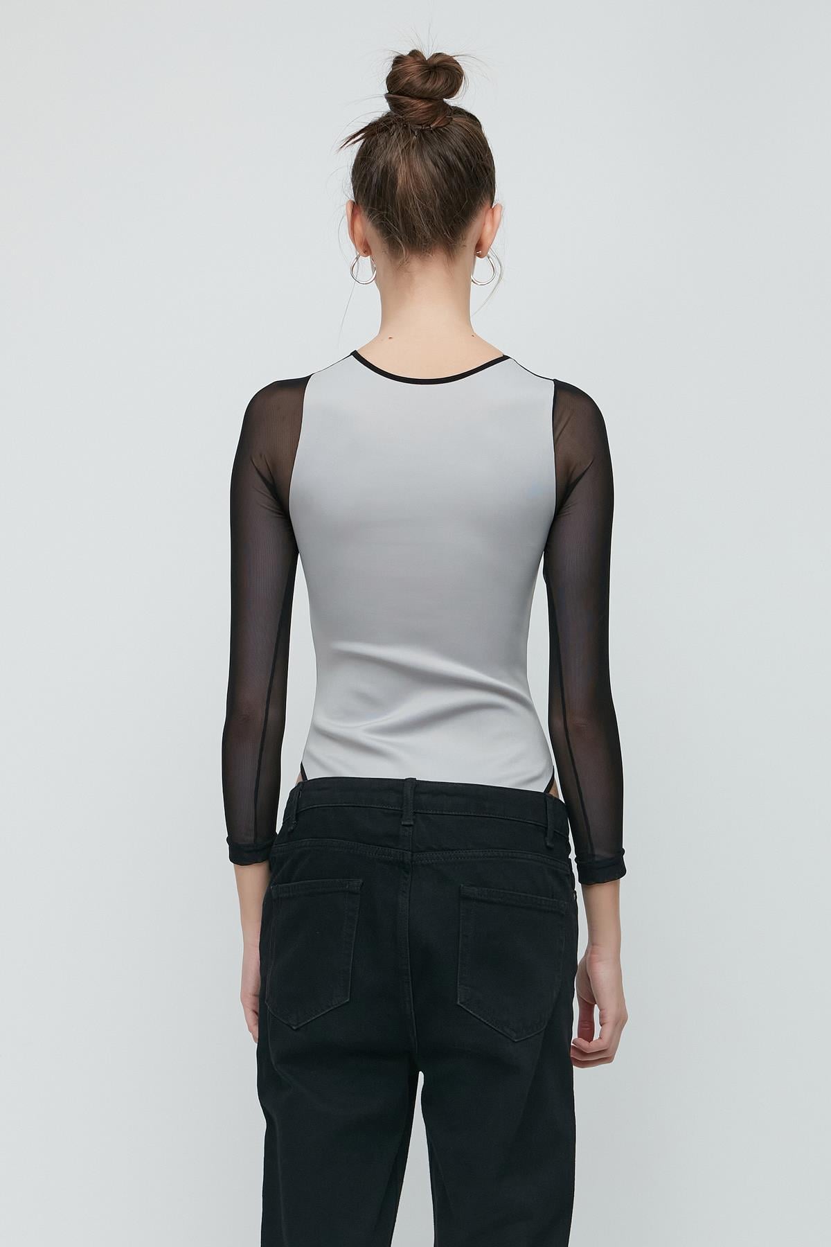 C&City Tül Detay Uzun Kol Fantezi Bodysuit 9153 Gri - Çamaşır City