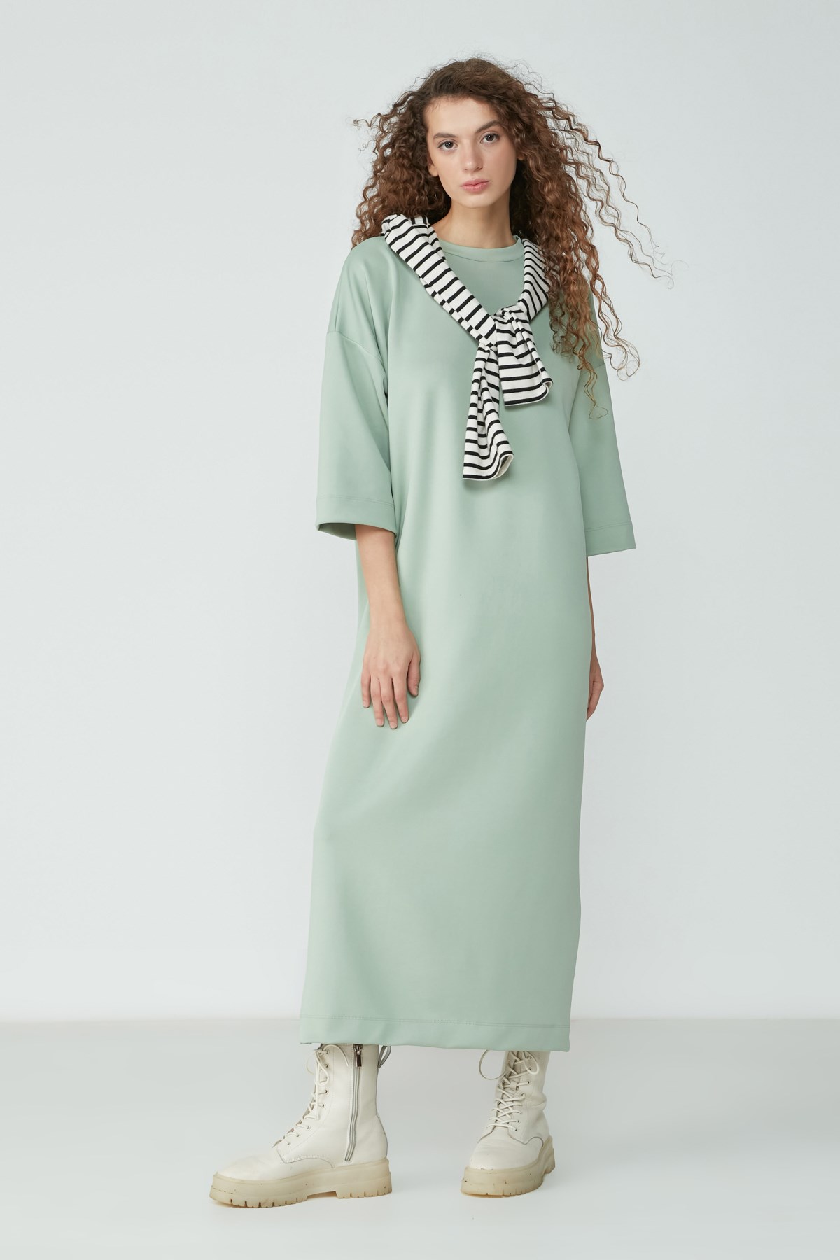 C&City Sıfır Yaka Yarım Kol Elbise Tunik 9100 Mint Yeşil
