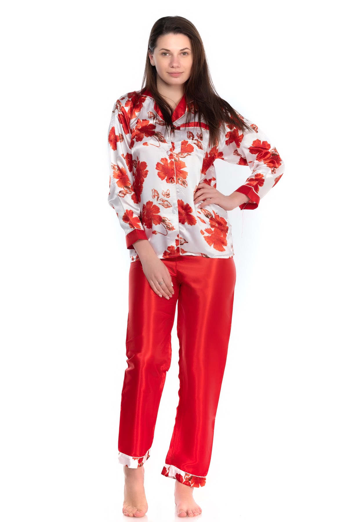 Glorious Time Kadın Desenli Saten Pijama Takım Kırmızı