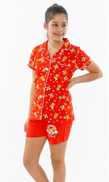 C&City Anne-Kız Kısa Kol Tilki Baskılı Önde Düğmeli Pijama Takım 010029-010030 Kırmızı