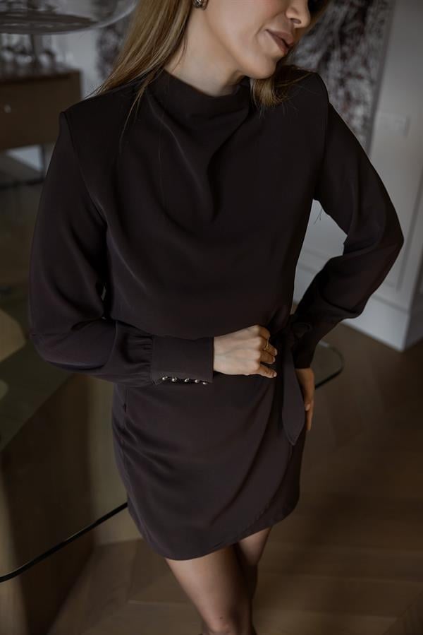 Anvelop Bağlamalı Mini Elbise - KAHVERENGİ