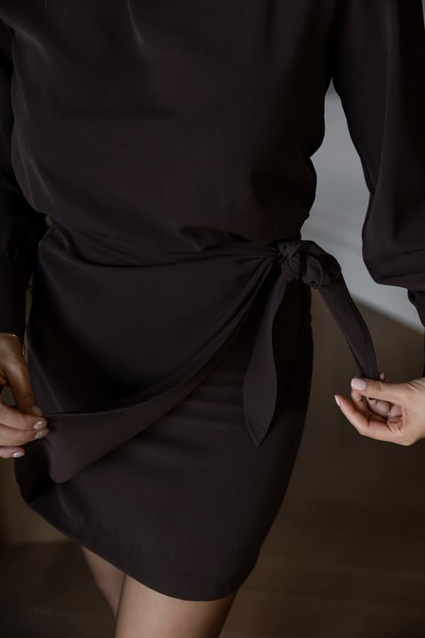 Anvelop Bağlamalı Mini Elbise - KAHVERENGİ