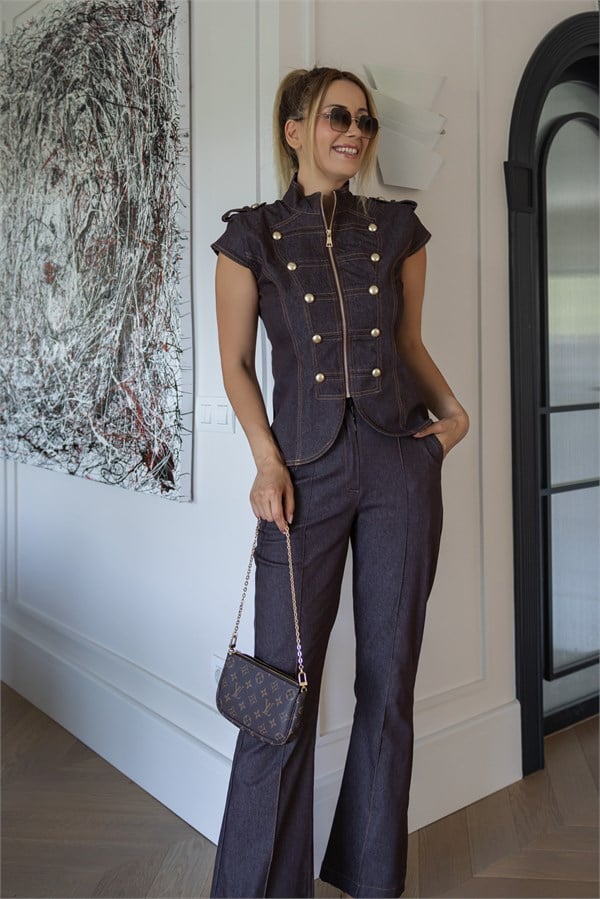 Apolet Detay Denim Takım - KAHVERENGİ