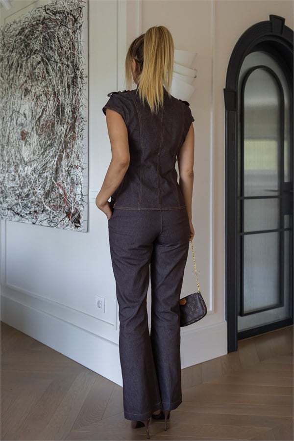 Apolet Detay Denim Takım - KAHVERENGİ