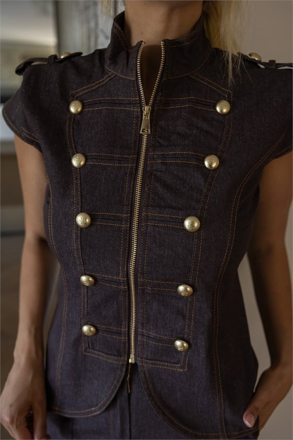 Apolet Detay Denim Takım - KAHVERENGİ