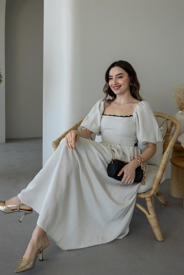 Arkadan Bağlamalı Keten Elbise - TAŞ