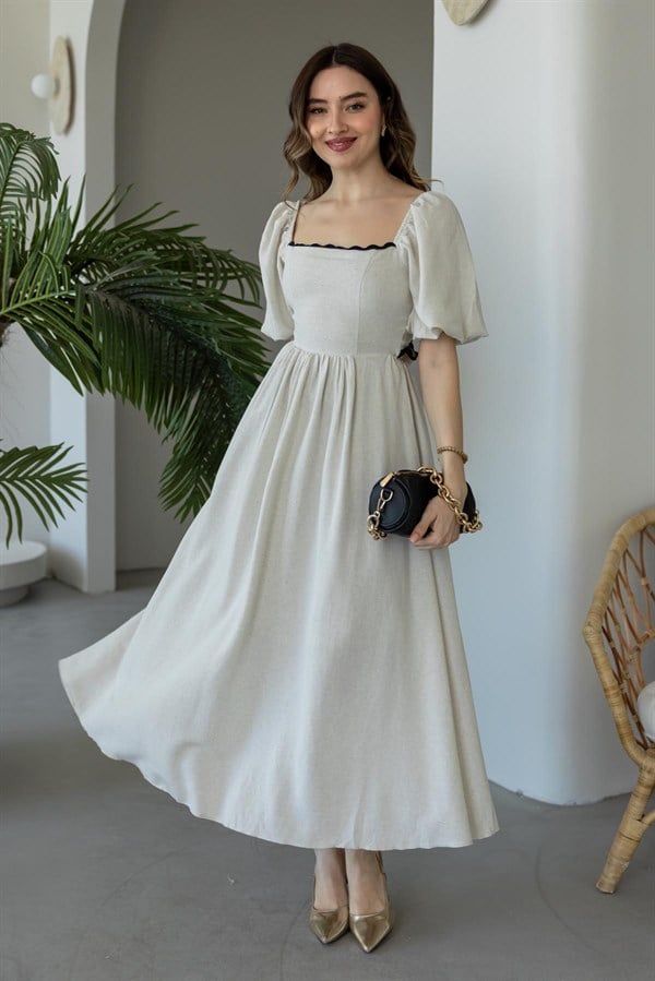 Arkadan Bağlamalı Keten Elbise - TAŞ