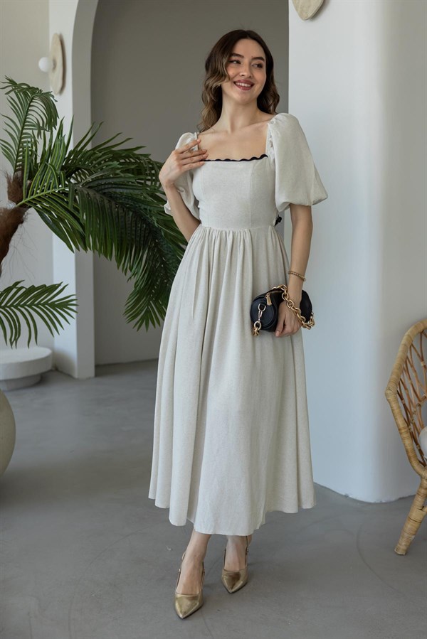 Arkadan Bağlamalı Keten Elbise - TAŞ