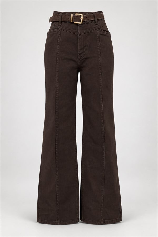 Asimetrik Dikiş Kemerli Denim Pantolon - KAHVERENGİ