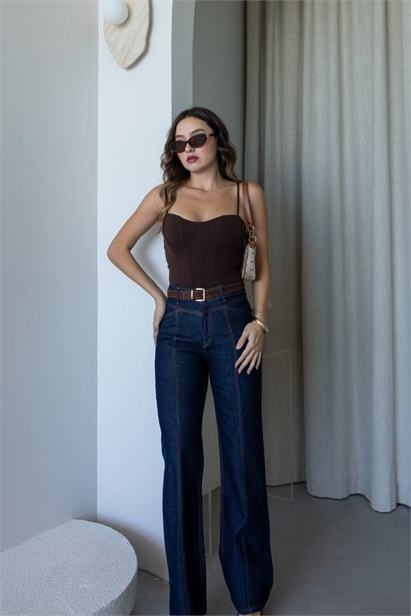 Asimetrik Dikiş Kemerli Denim Pantolon - LACİVERT