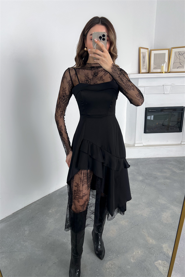 Asimetrik Kesim Dantel Bluzlu Elbise - SİYAH