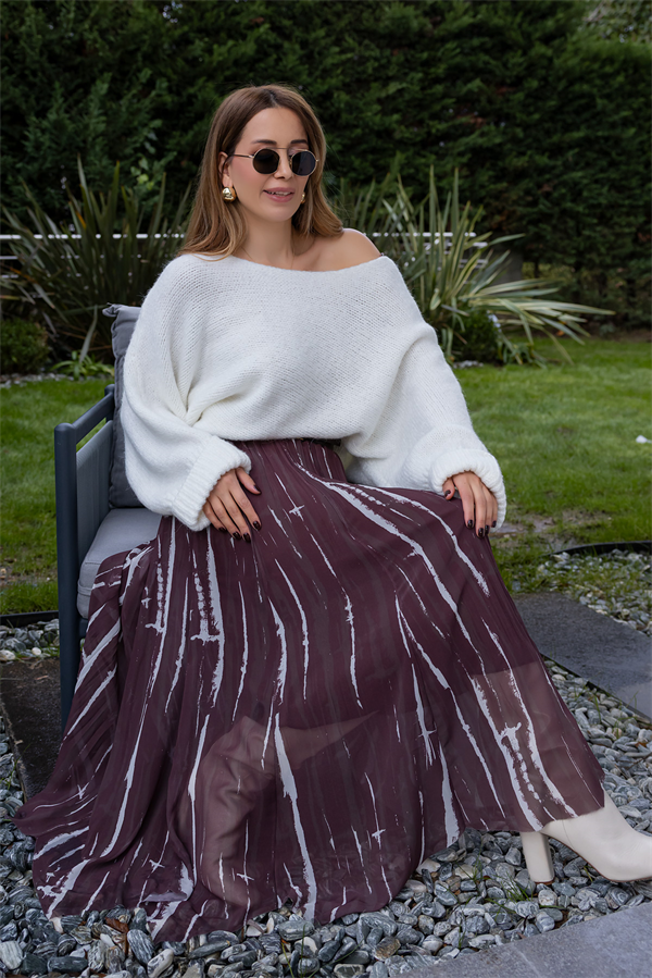 Asimetrik Kesim Şifon Etek - KAHVERENGİ