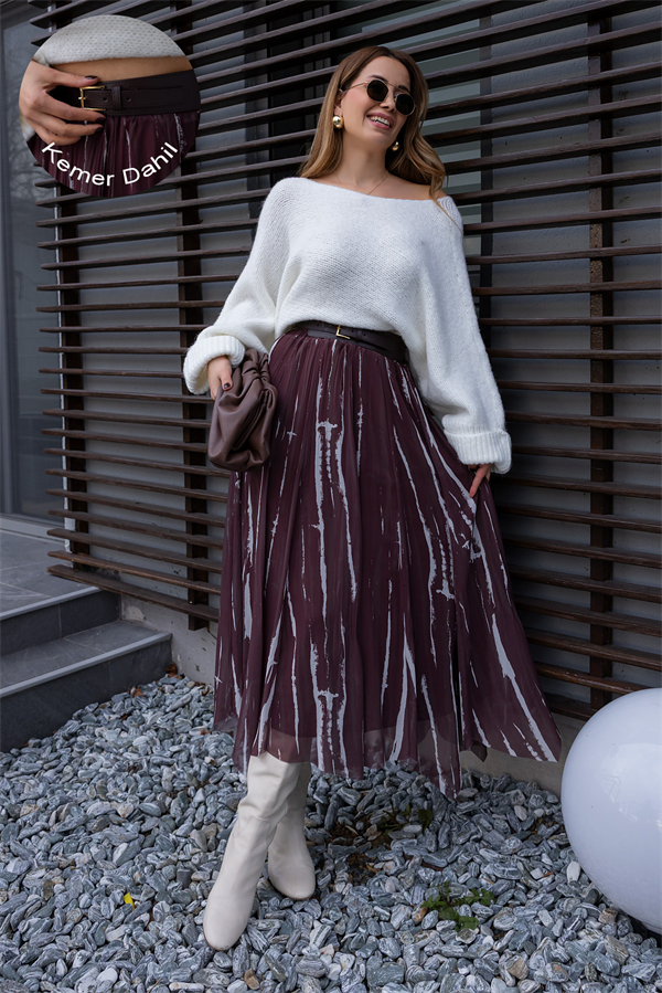 Asimetrik Kesim Şifon Etek - KAHVERENGİ