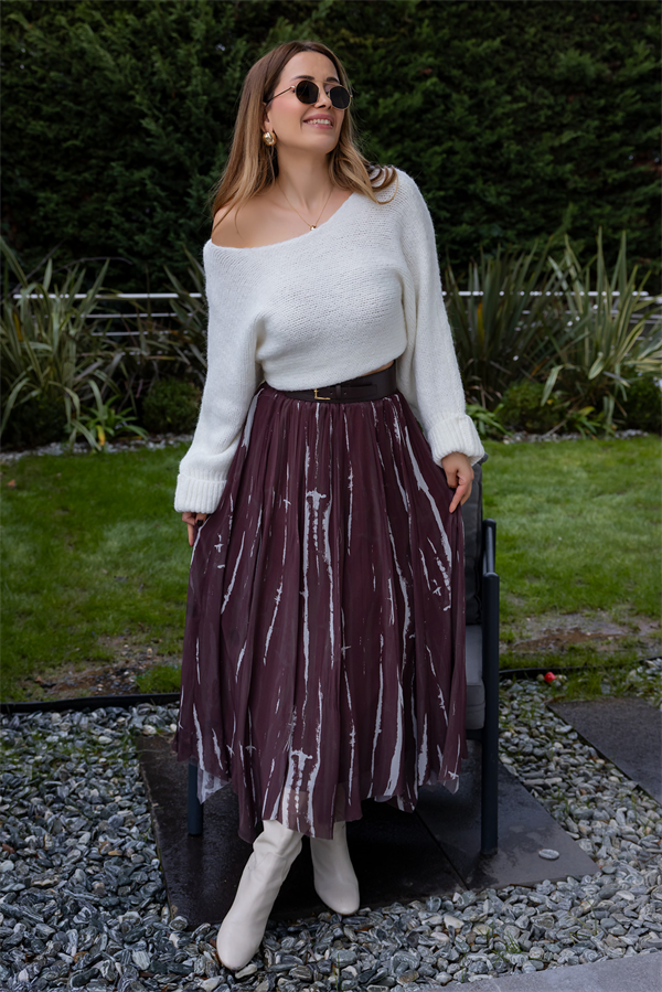 Asimetrik Kesim Şifon Etek - KAHVERENGİ