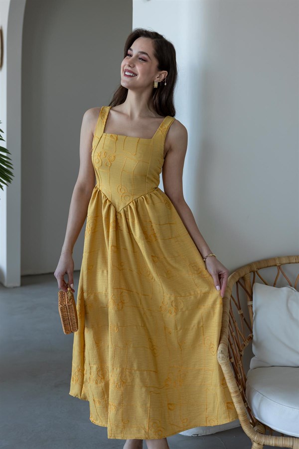 Askılı İşlemeli Elbise - HARDAL