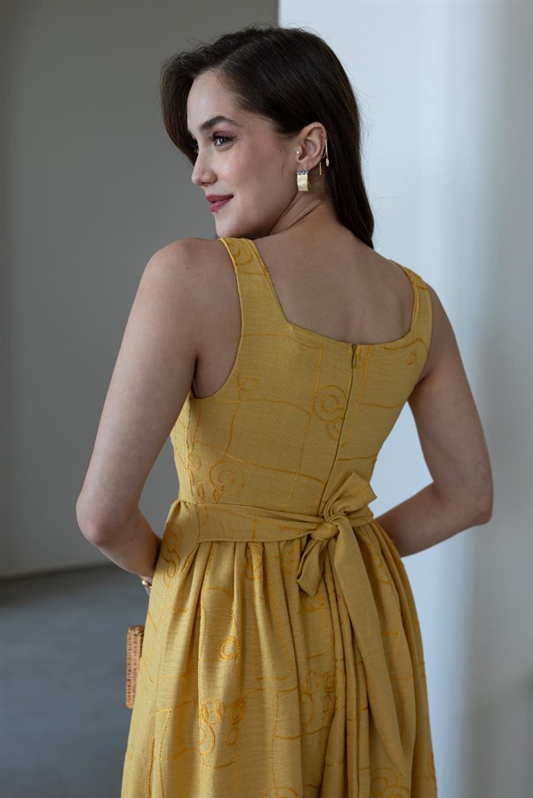 Askılı İşlemeli Elbise - HARDAL