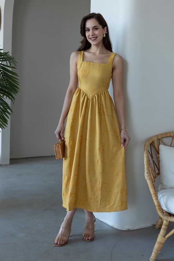 Askılı İşlemeli Elbise - HARDAL