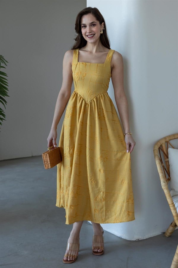 Askılı İşlemeli Elbise - HARDAL