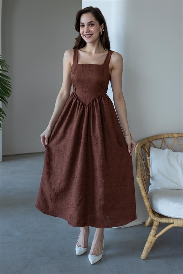 Askılı İşlemeli Elbise - KAHVERENGİ