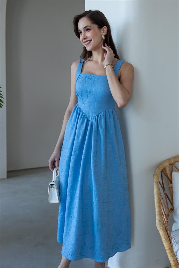 Askılı İşlemeli Elbise - MAVİ