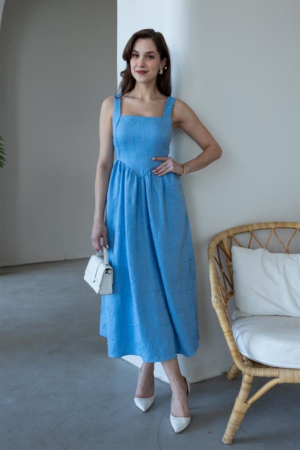 Askılı İşlemeli Elbise - MAVİ