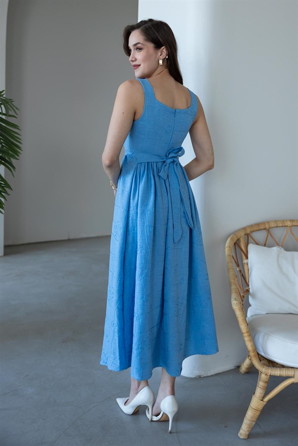 Askılı İşlemeli Elbise - MAVİ