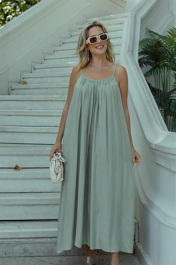 Askılı Kloş Elbise - MİNT YEŞİL